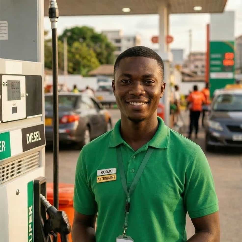 Fuel station attendant Kodjo at work in Ghana