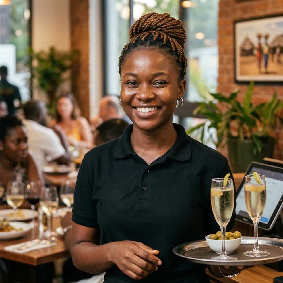 Hospitality worker serving at a restaurant in Ghana